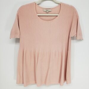 LOFT Peplum Short Sleeve Sweater Small Blush Pink‎ Ribbed Knit Scoop Neck Top